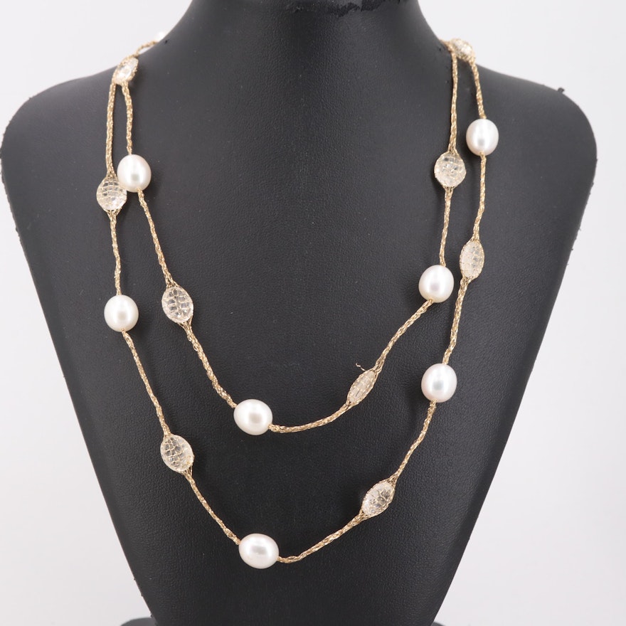 14K Yellow Gold Quartz and Cultured Pearl Mesh Necklace