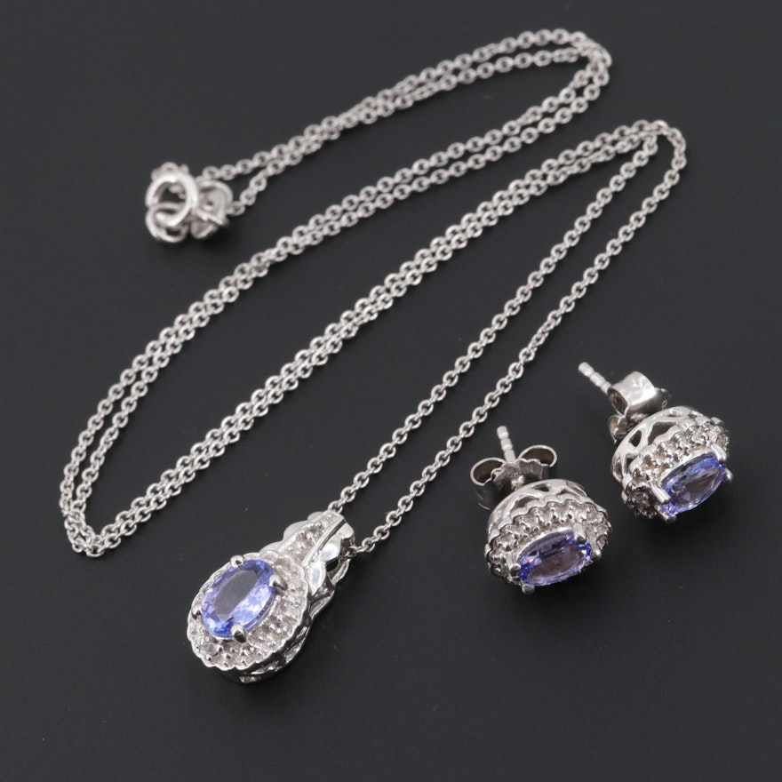 Sterling Silver Tanzanite and Topaz Necklace and Earrings