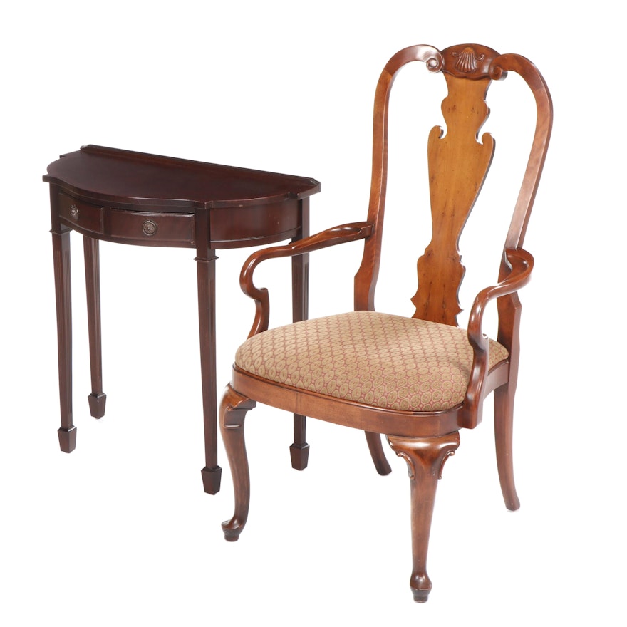 Contemporary Queen Anne Style Fiddle Back Wooden Chair and Console Table