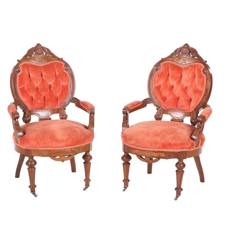Victorian Eastlake Carved Walnut Parlor Chairs, circa 1900