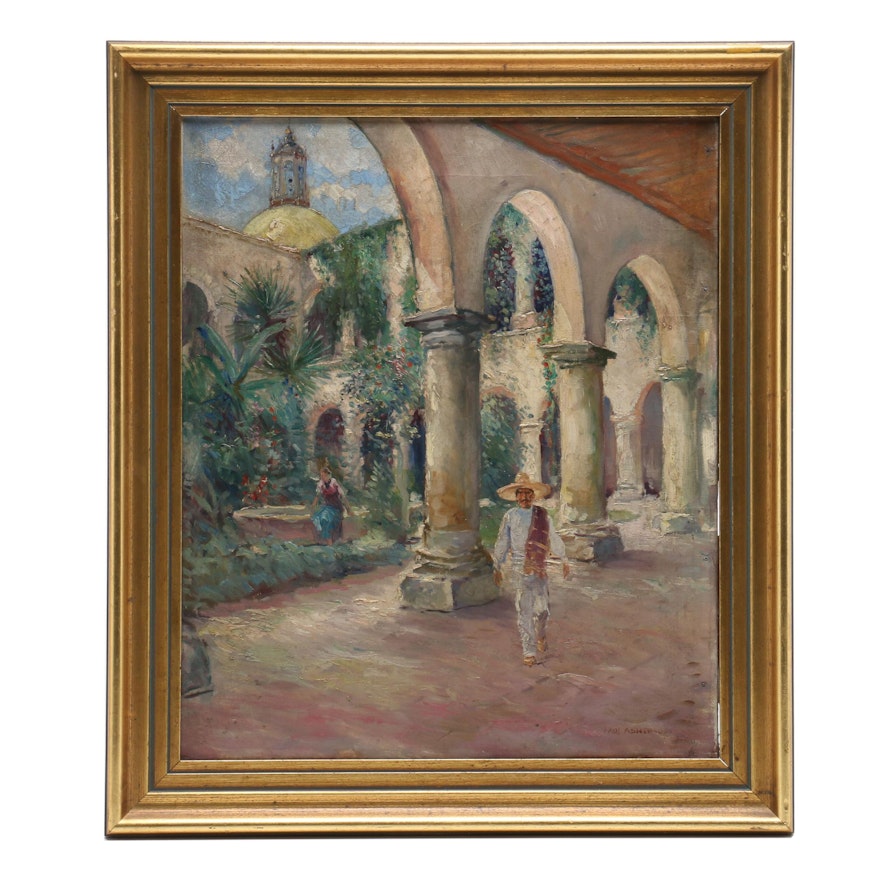 Paul Ashbrook Oil Painting of Figures in Courtyard