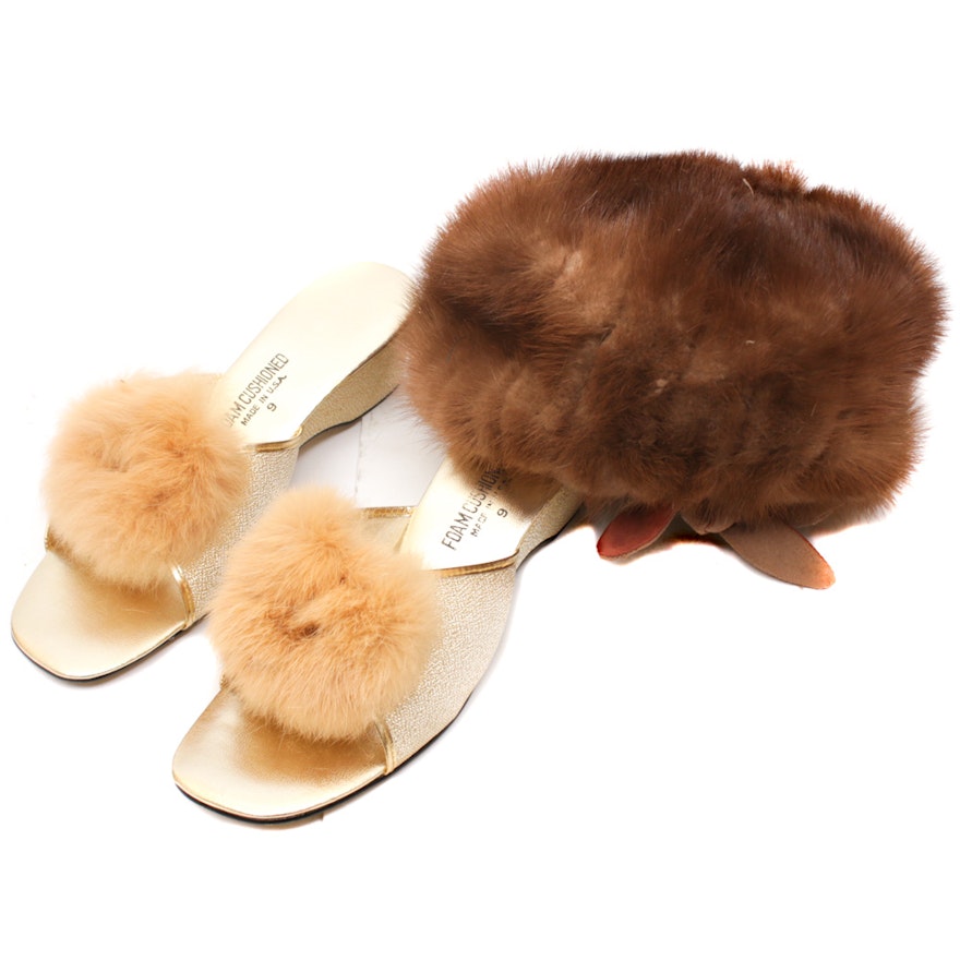 Betmar Mink Fur Hat and Rabbit Fur Metallic Wedge Heels, Vintage