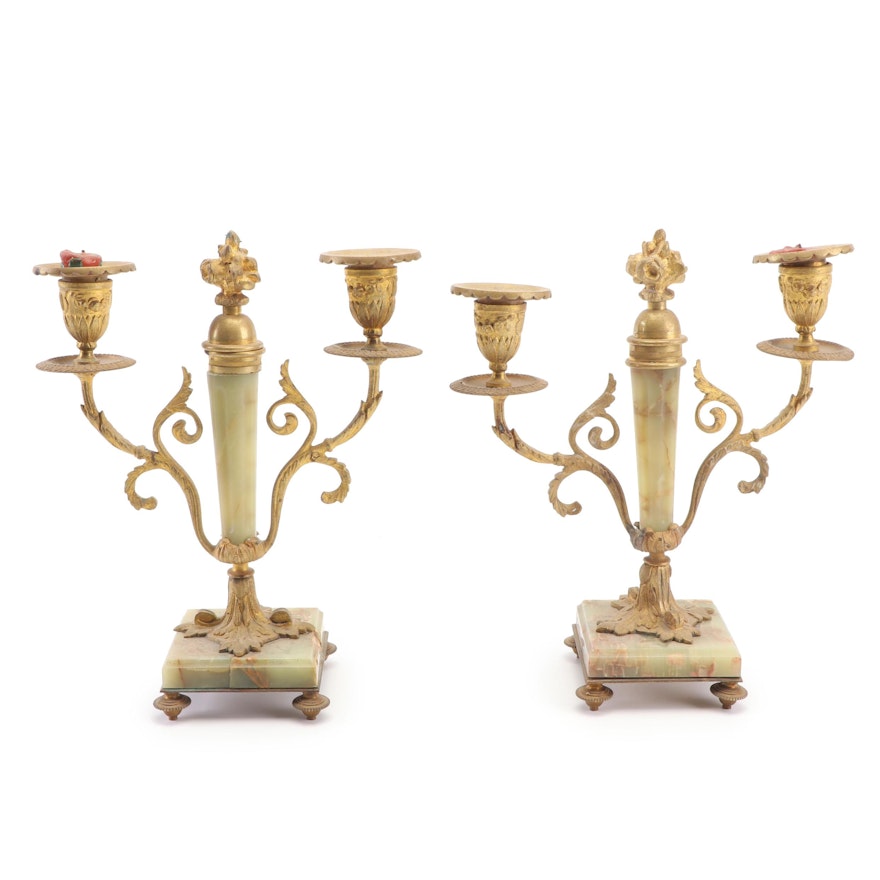 Brass and Agate Candelabra, Late 19th to Early 20th Century