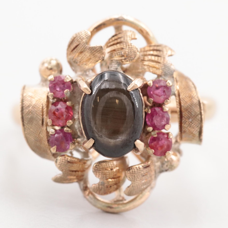 10K Yellow Gold Black Star Sapphire and Ruby Ring