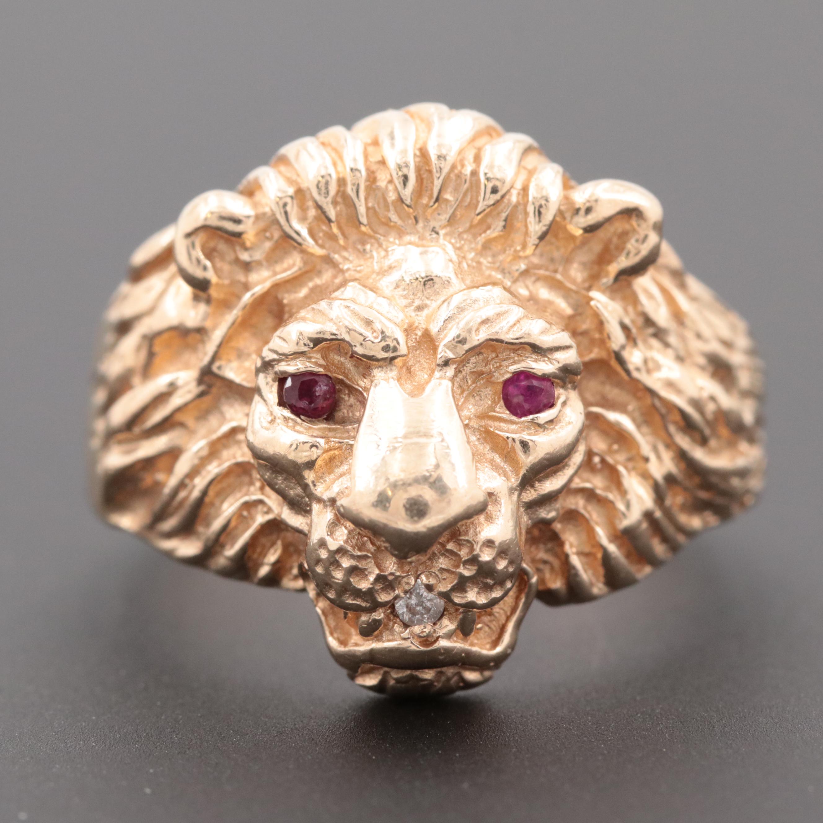 10K Yellow Gold Ruby and Diamond Lion Ring