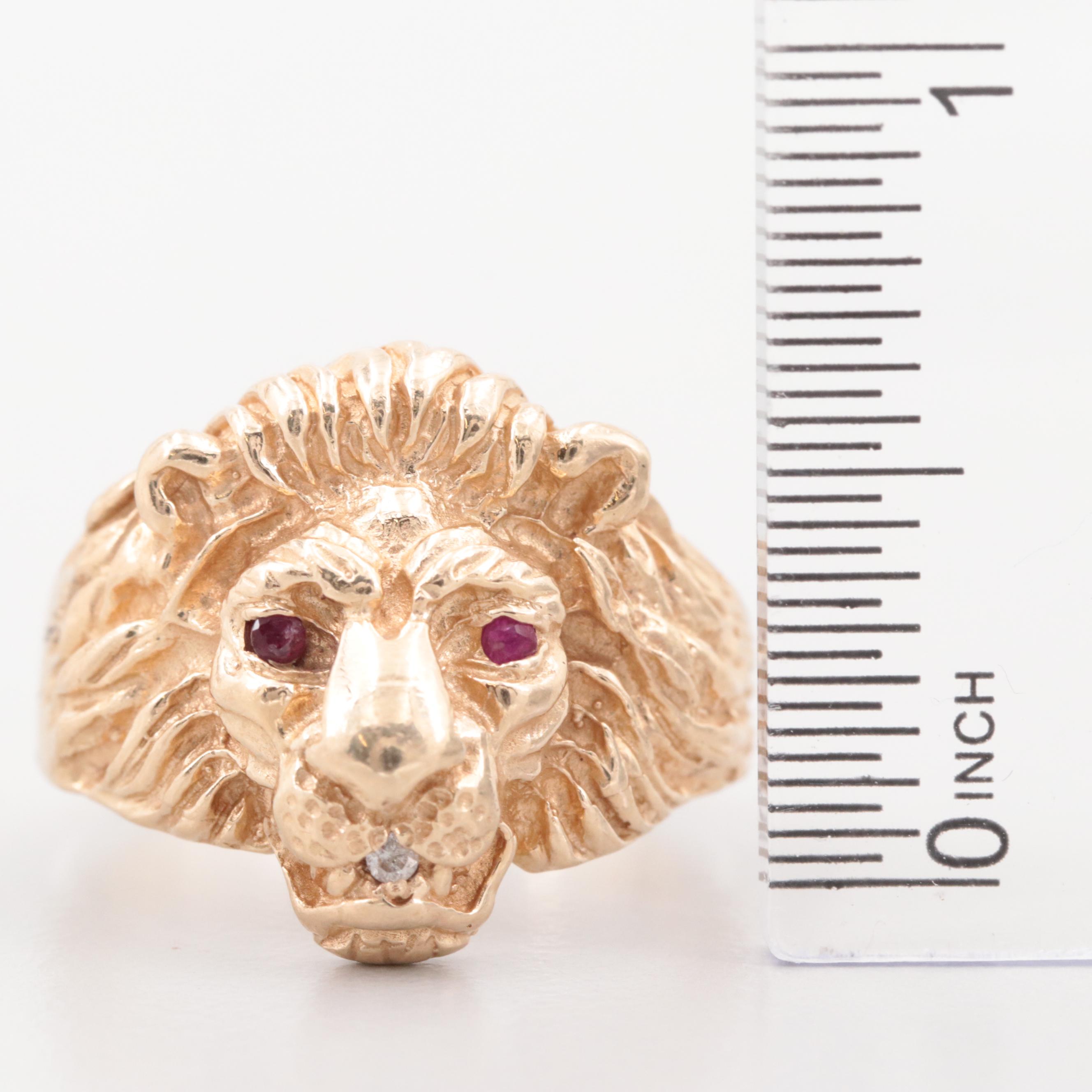 10K Yellow Gold Ruby and Diamond Lion Ring