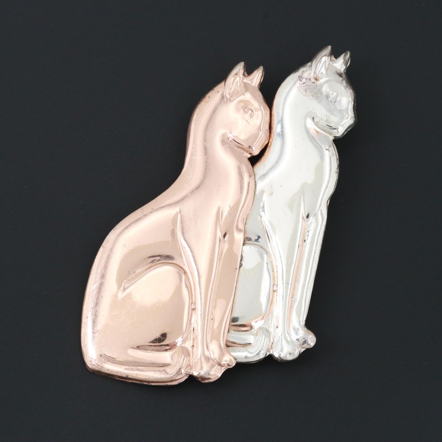 Sterling Silver Cat Brooch with Rose Gold Wash Accents