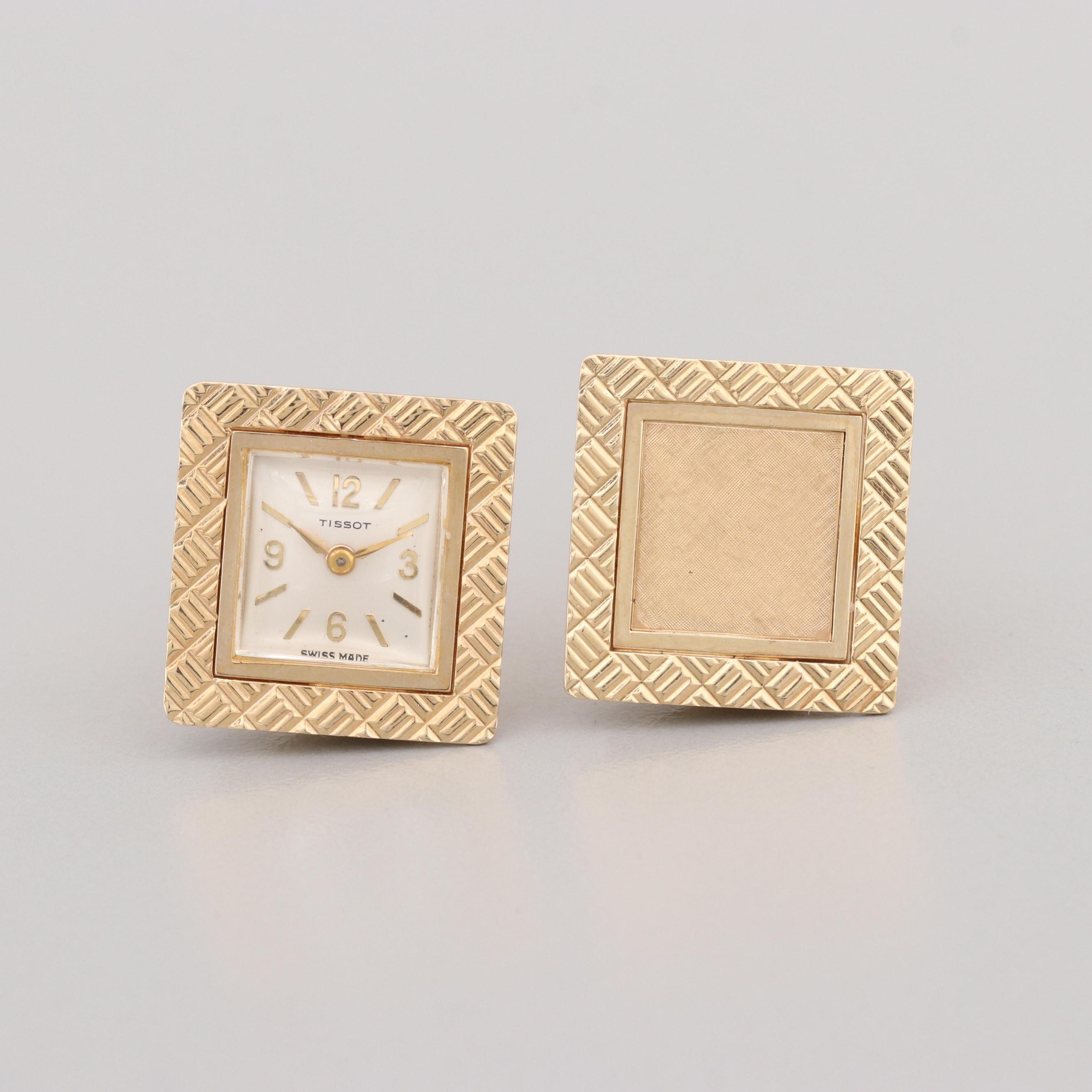 Vintage Tissot 14K Yellow Gold Stem Wind Watch Cufflink Pair