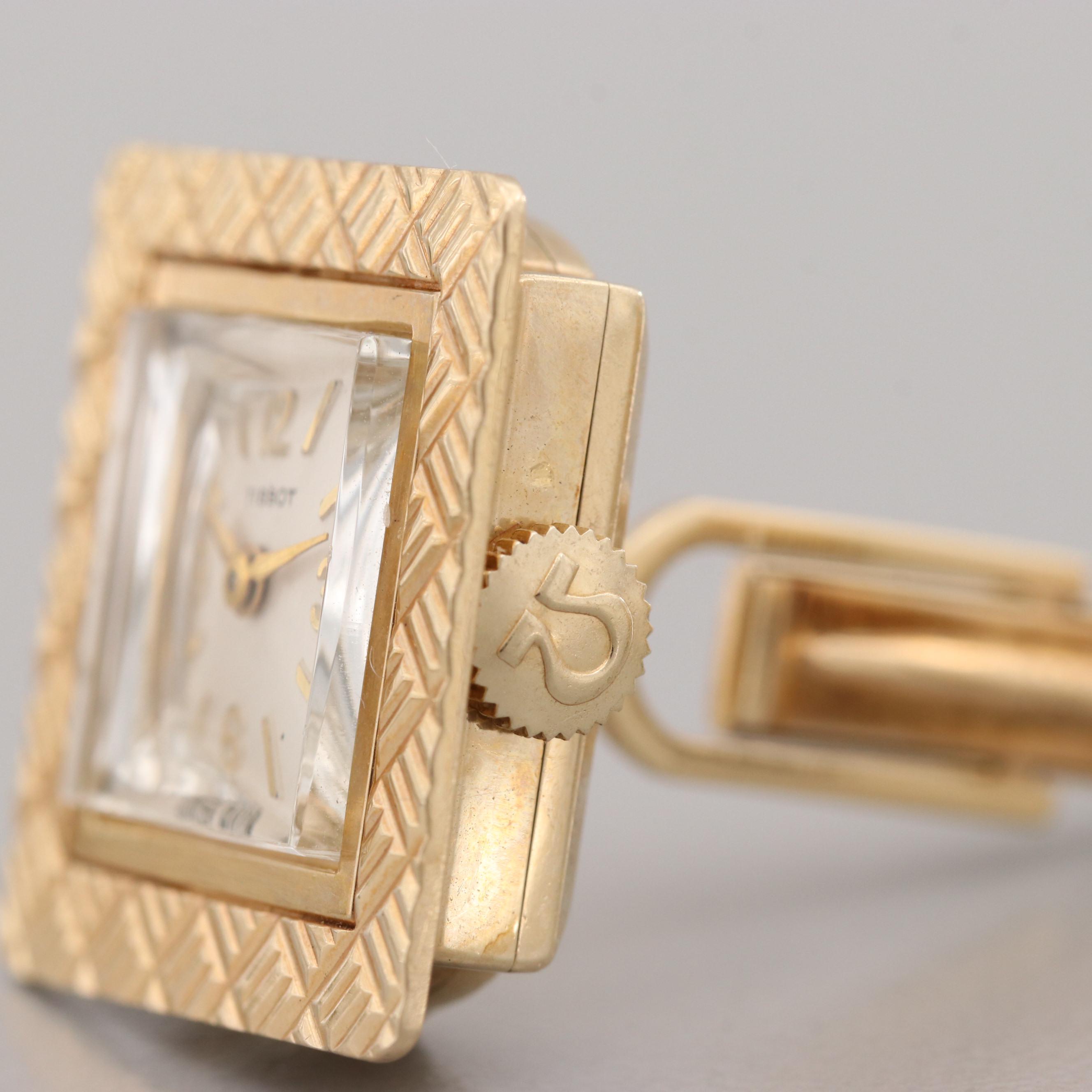 Vintage Tissot 14K Yellow Gold Stem Wind Watch Cufflink Pair