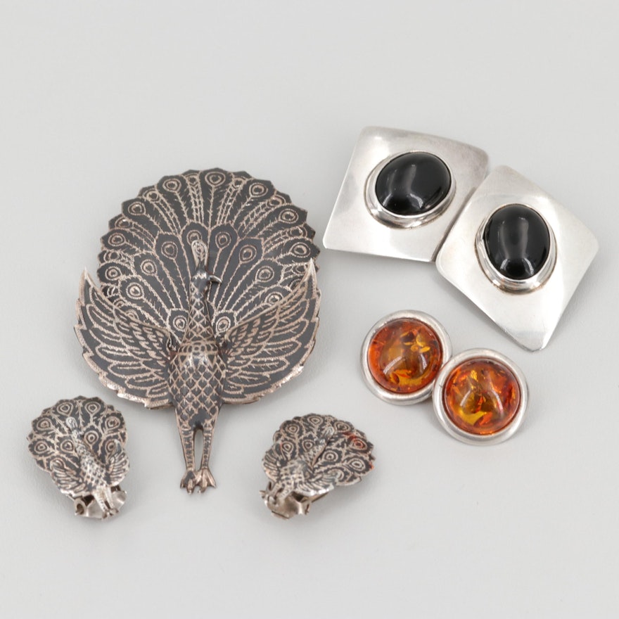 Sterling Silver Amber and Obsidian Earrings with Siam Niello Enamel Brooch