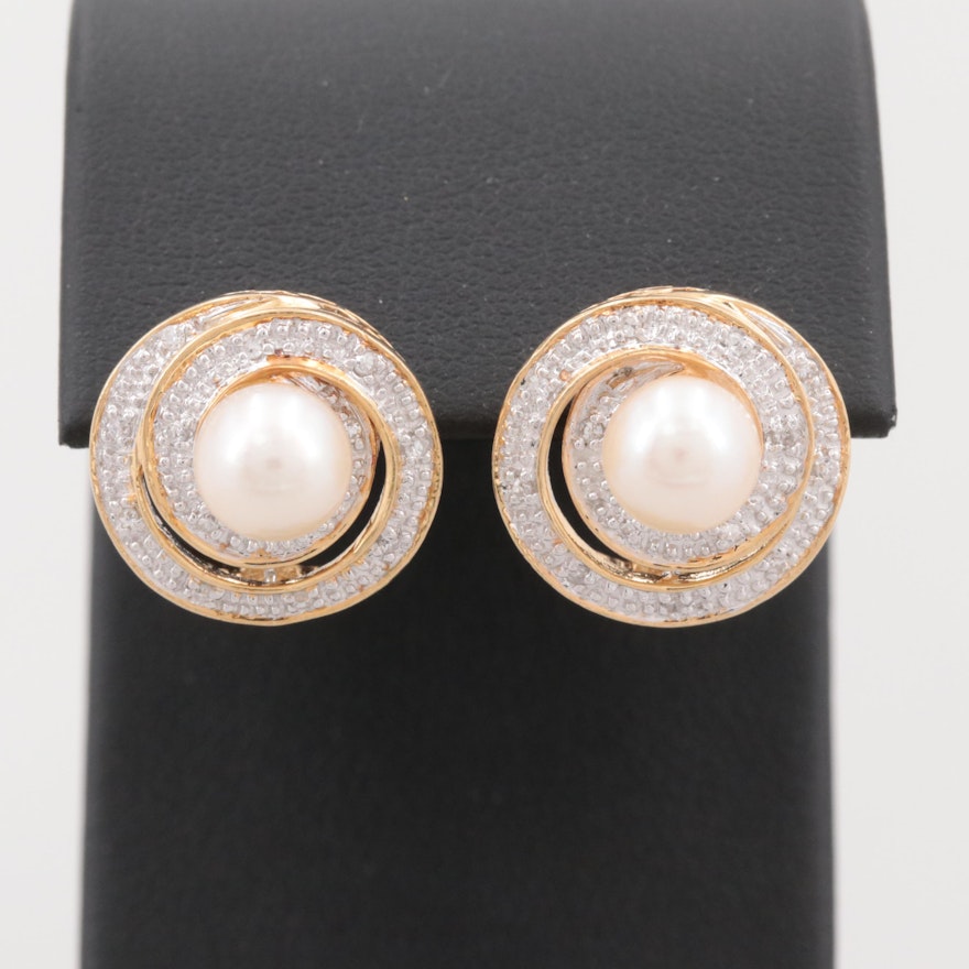 14K Yellow Gold Cultured Pearl and Diamond Earrings