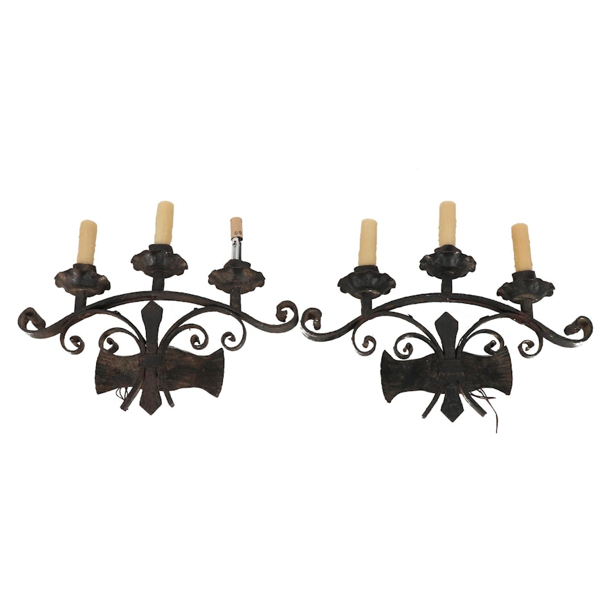 Wrought Iron Electrified Wall Sconces with Faux Candles