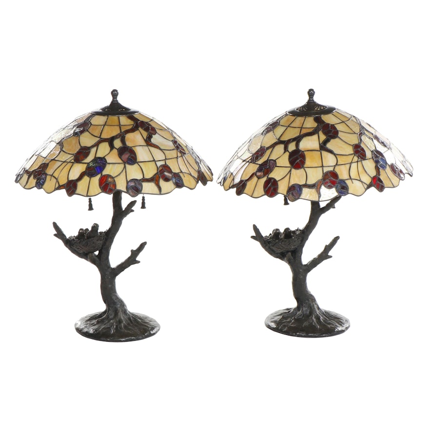 Metal Bird's Nest Tree Form Table Lamps with Slag and Stained Glass Shades