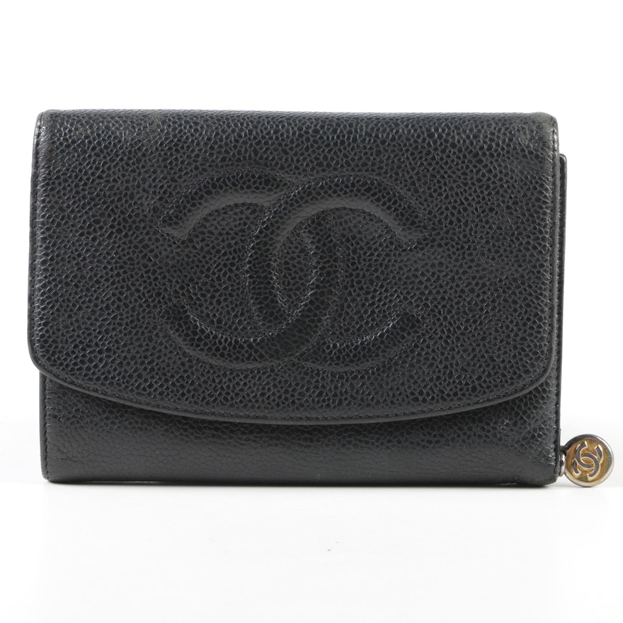 Chanel Black Caviar Leather CC Logo Trifold French Wallet