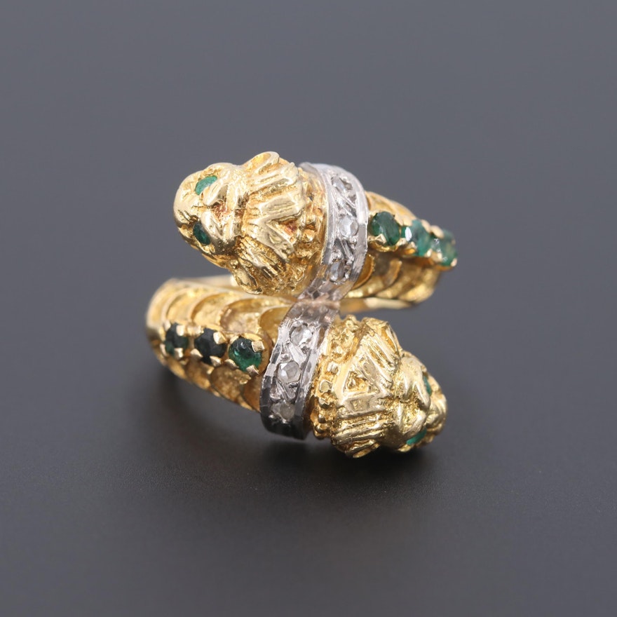 Vintage 18K Yellow Gold Emerald and Diamond Double Lion Head Bypass Ring