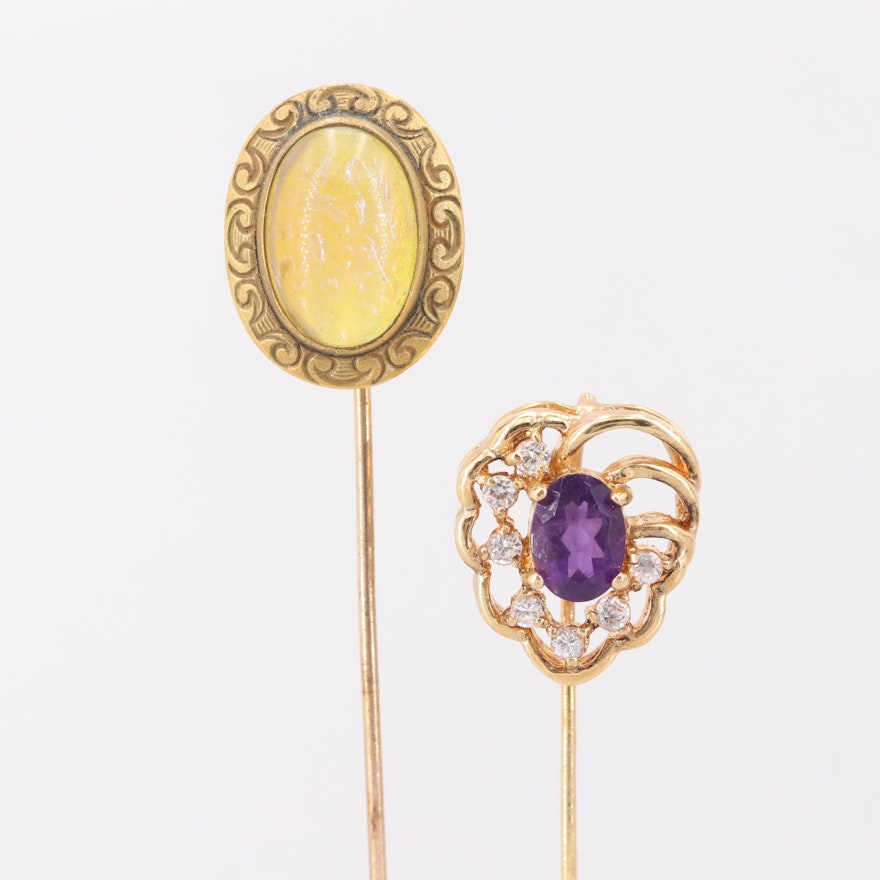 Vintage Gold Tone Amethyst, Cubic Zirconia, and Foilback Glass Stick Pins