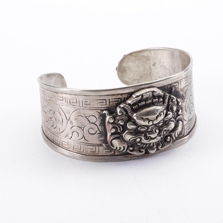 Chinese Silver Cuff Bracelet with Guardian Lion