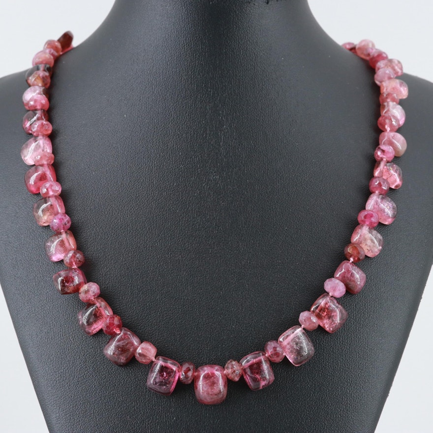 Pink and Green Tourmaline Beaded Necklace with 14K Yellow Gold