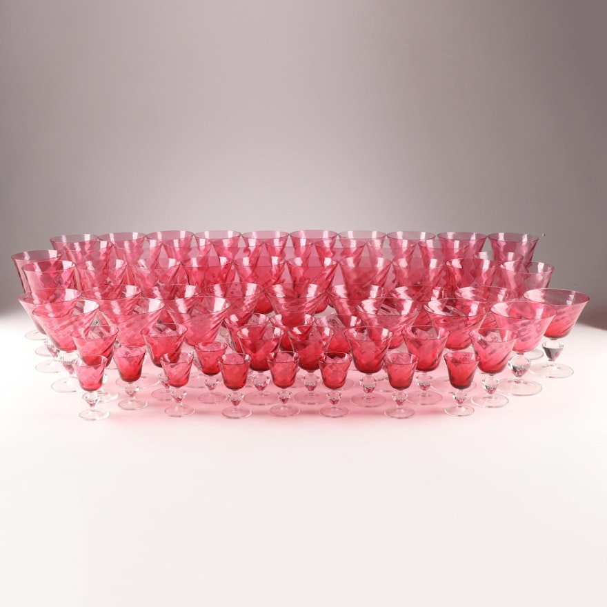 Cranberry Optic Swirl Crystal Stemware