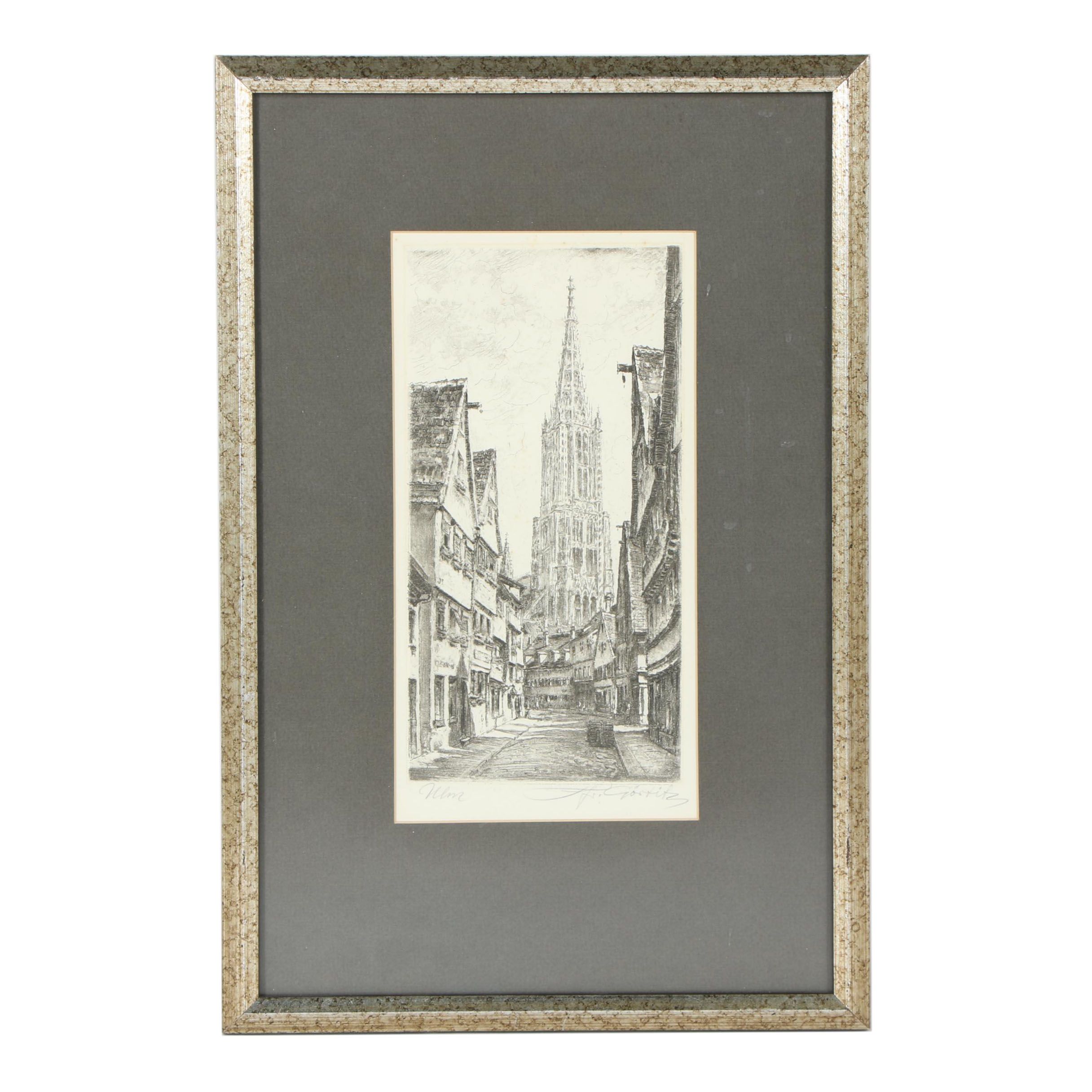 1930 German Architectural Etching with Aquatint "Ulm"
