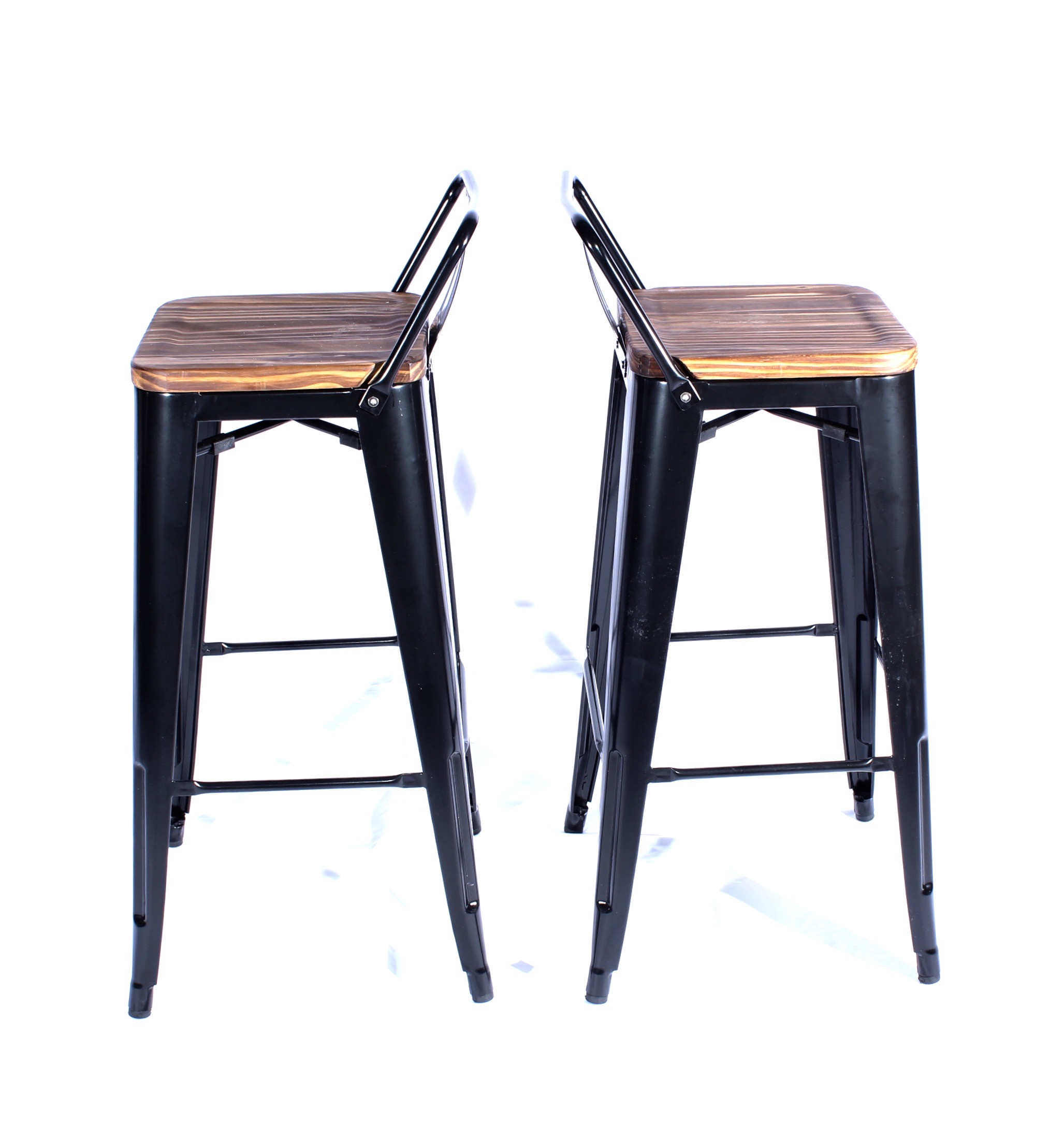 Four "Metropolis" Low-Back Bar Stools With Wood Seats, Contemporary