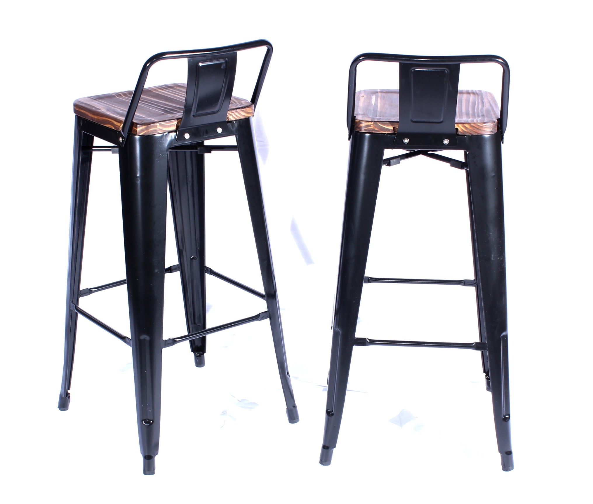 Four "Metropolis" Low-Back Bar Stools With Wood Seats, Contemporary