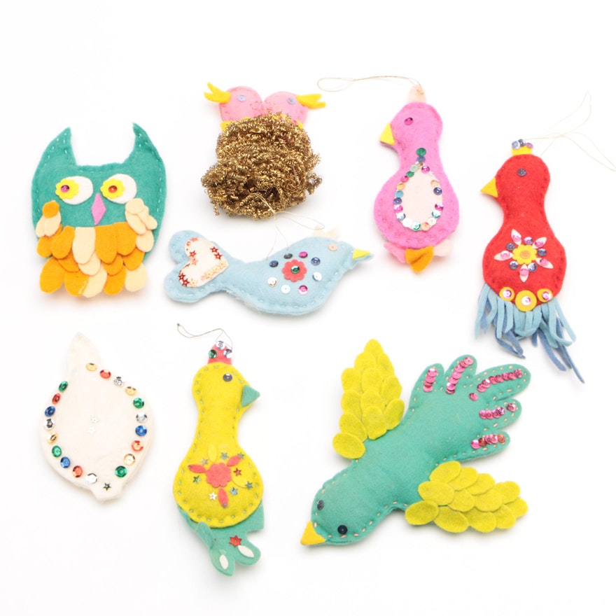 Hand Crafted Felt Bird Ornaments with Sequin Detailing