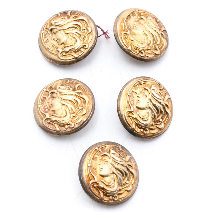 British Sterling Silver and Gold Wash Buttons, Early 20th Century