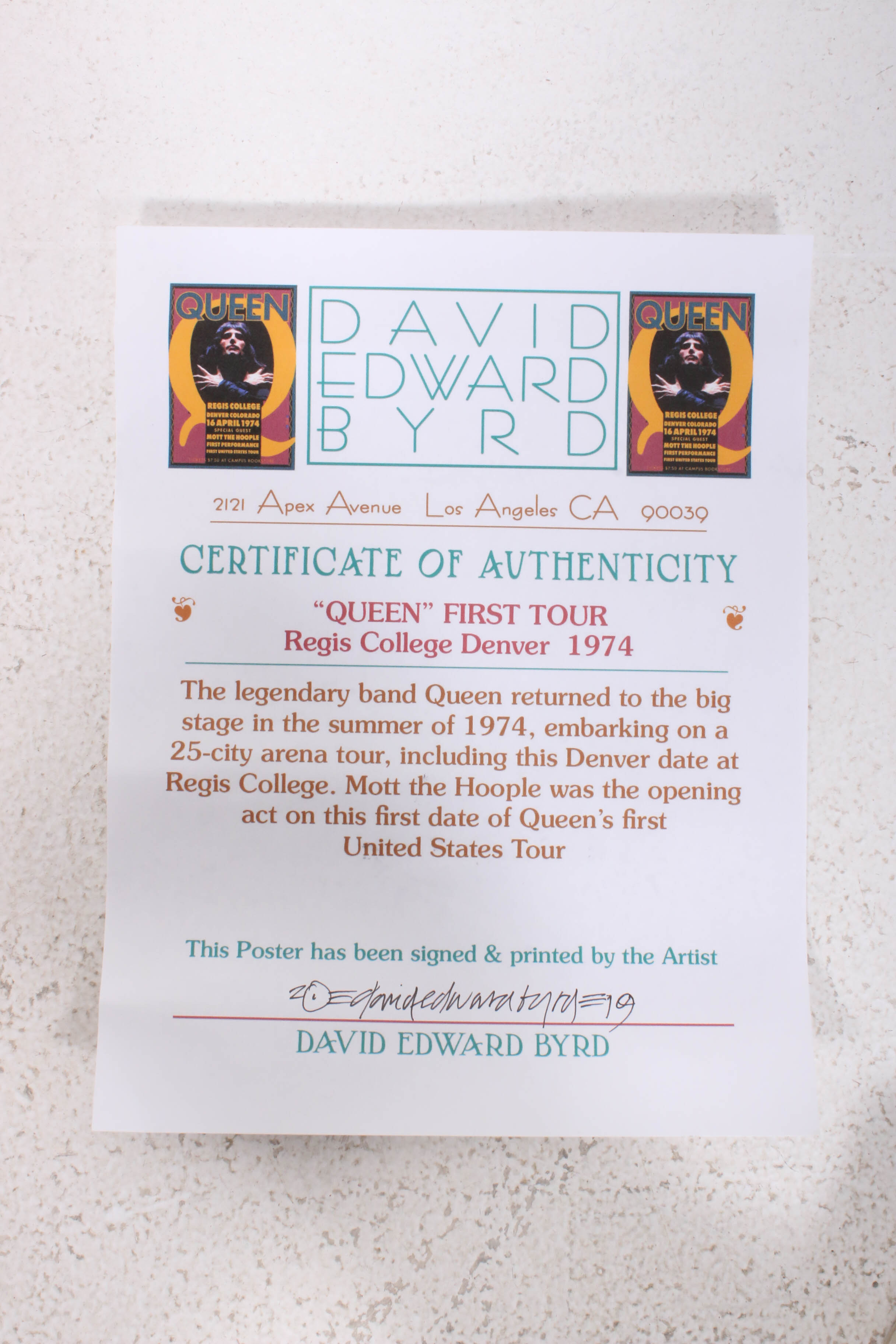 David Edward Byrd Giclee "'Queen' First Tour Regis College Denver, 1974"