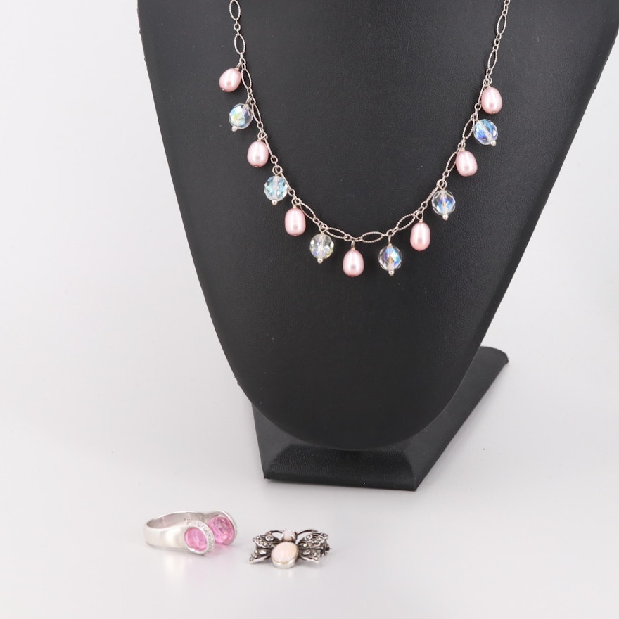 Sterling Silver Jewelry Including Cultured Pearls, Quartz, and Cubic Zirconia