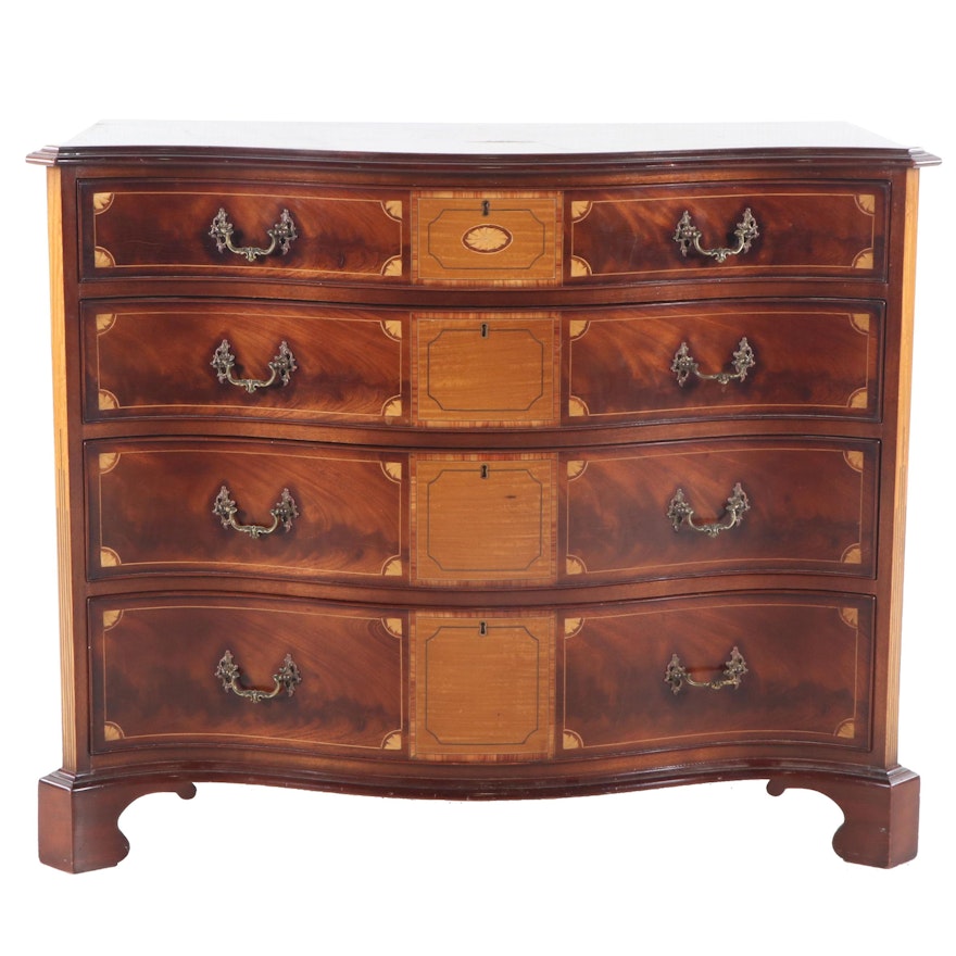 George III Style Serpentine Mahogany and Satinwood Bachelors Chest, Contemporary