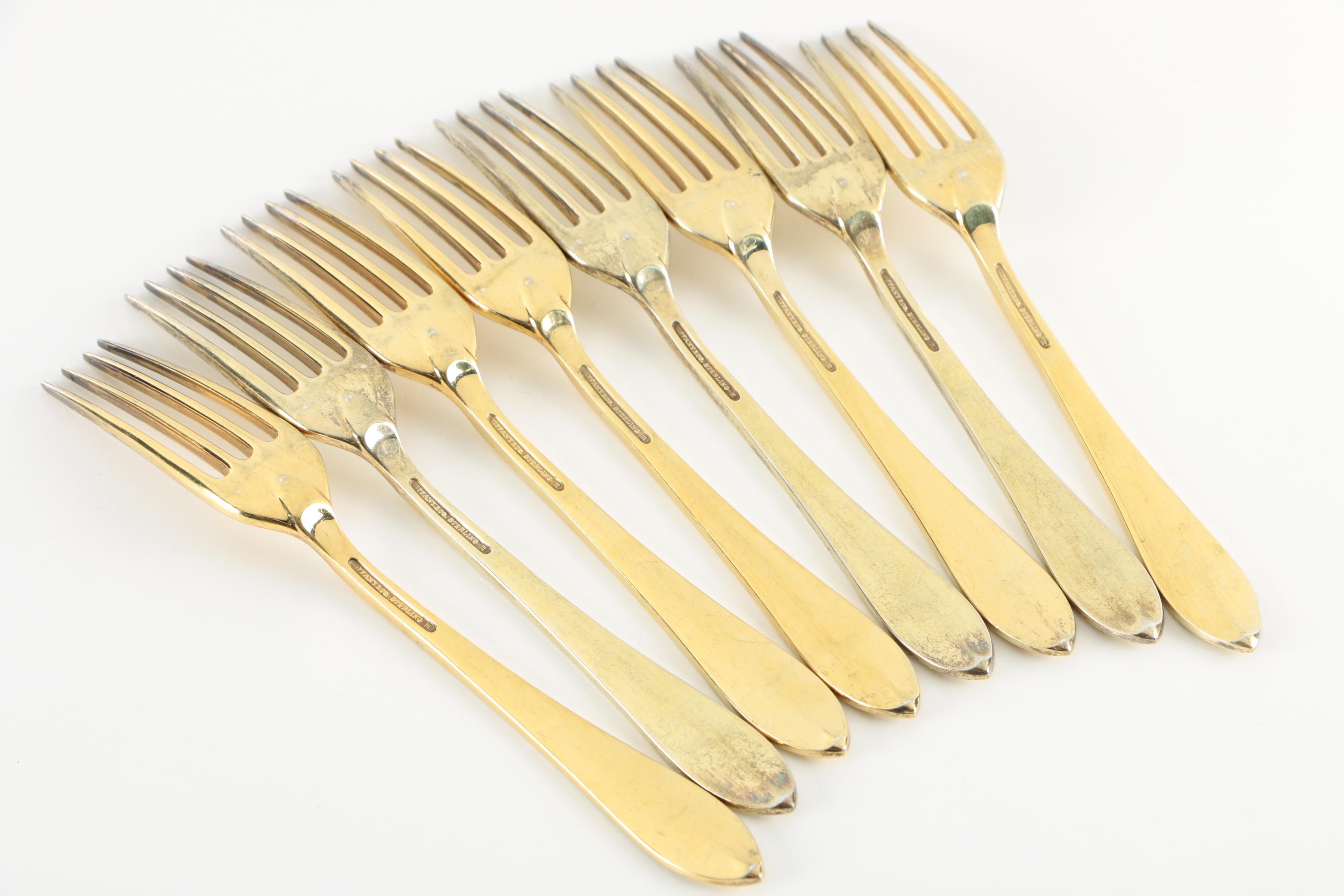 Tiffany & Co. "Faneuil" Gold Washed Sterling Flatware Set for Eight, 1910-1947
