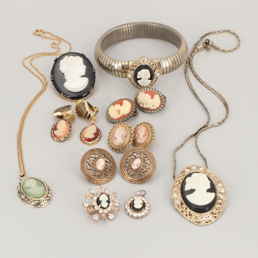 Silver Gold Tone Foilback and Resin Cameo Jewelry Including a Sterling Brooch