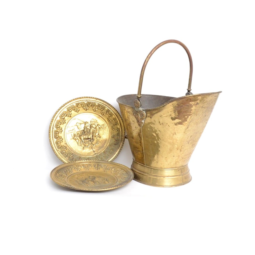 Brass Scuttle Bucket and Pair of Moulded Plates