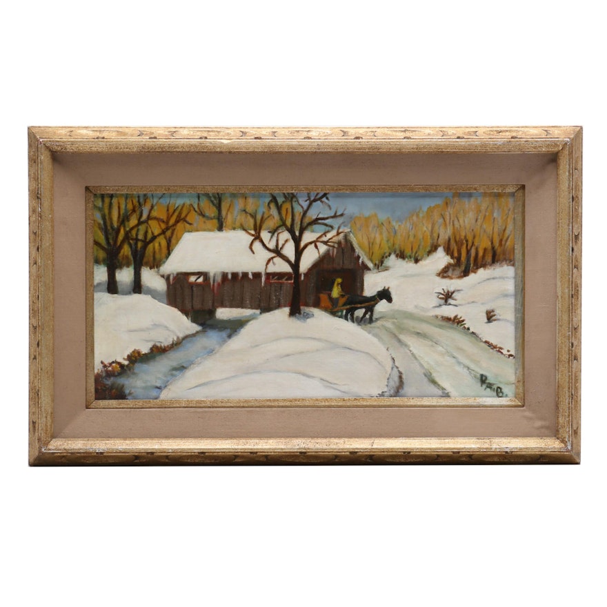 Naive Style Oil Painting "Covered Bridge"