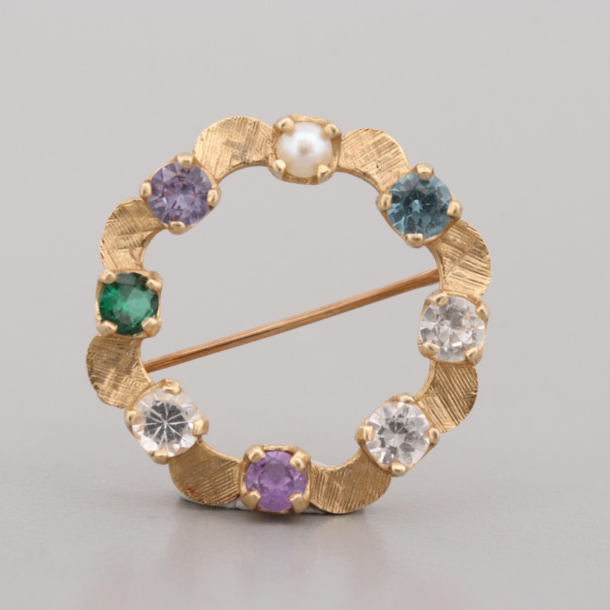 14K Yellow Gold Cultured Pearl and Spinel Brooch