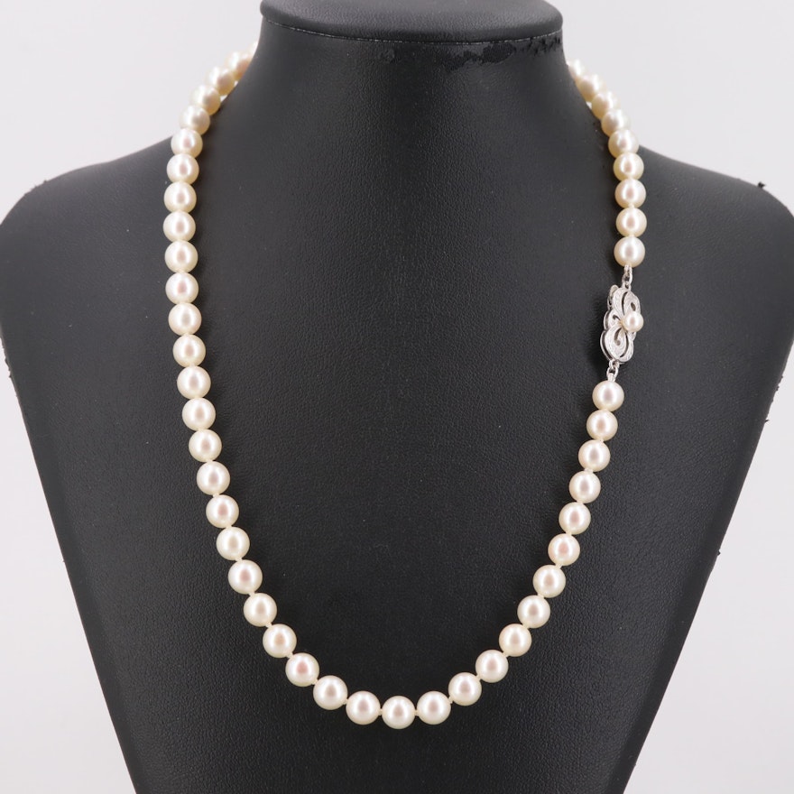 Vintage Mikimoto Cultured Pearl Bead Necklace with Sterling Silver
