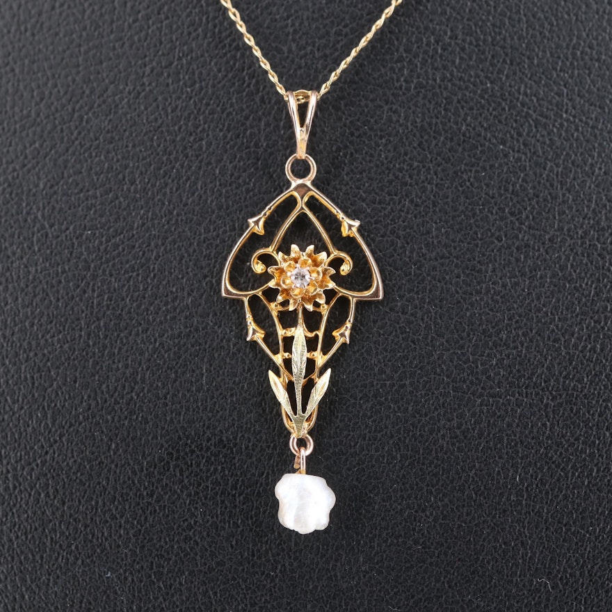 Art Nouveau 10K Yellow Gold Diamond and Pearl Pendant with 14K Gold Necklace