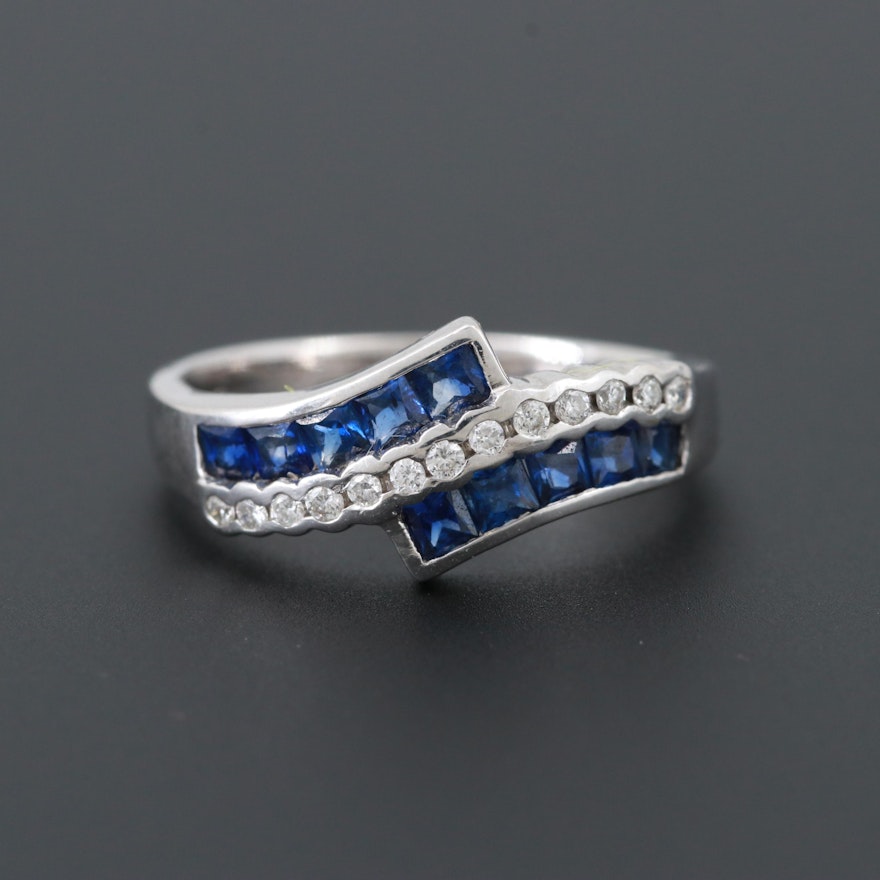 18K White Gold Blue Sapphire and Diamond Bypass Ring