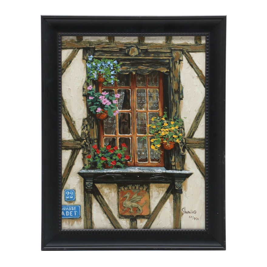 Viktor Shvaiko Hand Embellished Giclee Print of Window with Potted Plants