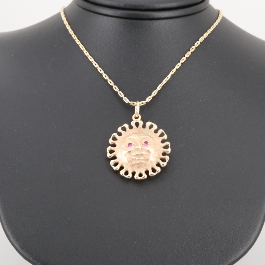14K Yellow Gold Synthetic Sapphire and Synthetic Ruby Sun Pendant Necklace