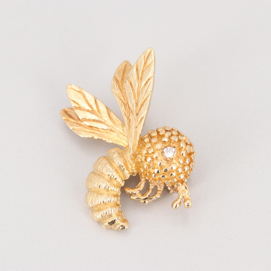 14K Yellow Gold Diamond Insect Brooch