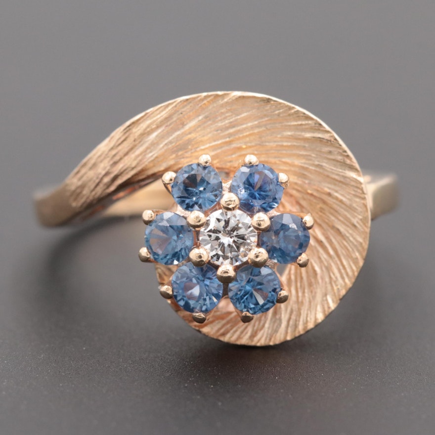 Vintage Circa 1960s 14K Yellow Gold Diamond and Blue Sapphire Ring