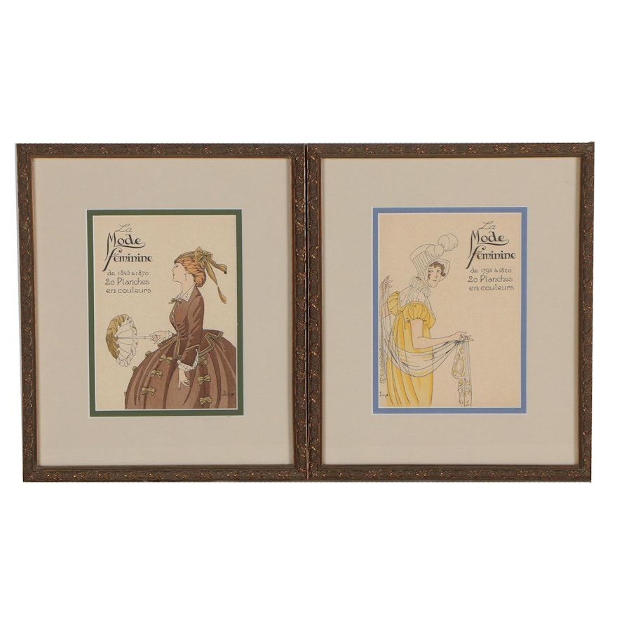 Letterpress French Fashion Plates with Pochoir "La Mode Feminine", Circa 1920