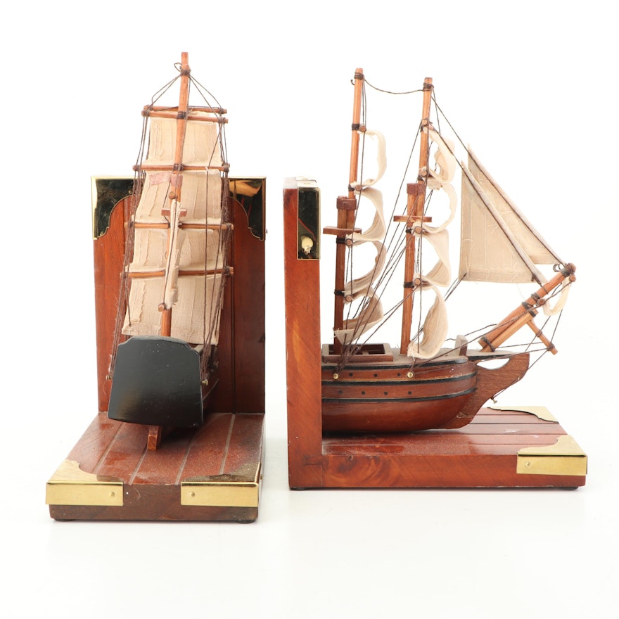 Wooden Sailing Schooner Bookends