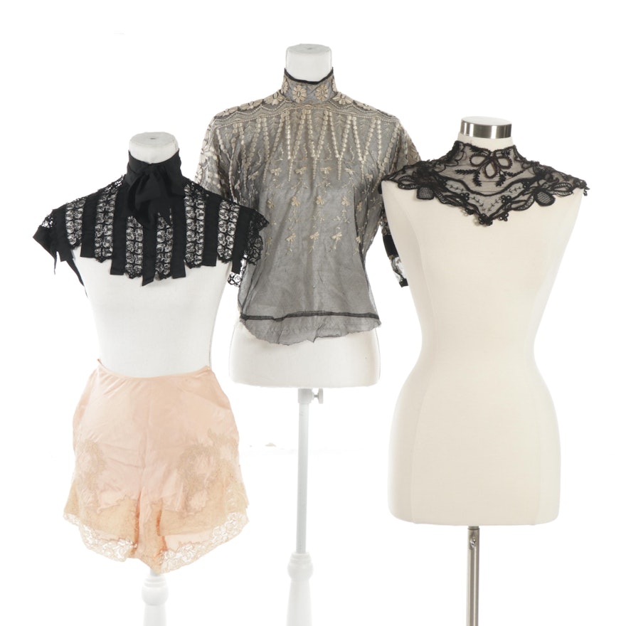 Silk Embroidered Mesh Blouse, Collars and Tap Pants, Early 20th Century