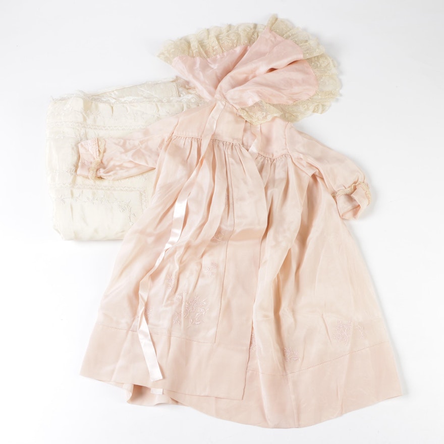 Infant Embroidered Silk Pink Cape Collar Robe and Ivory Cradle Quilt, circa 1930