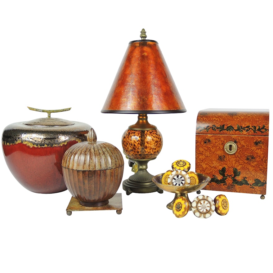 Home Interior Decor With Drawer Pulls, Amber Glass Table Lamp and Vessels