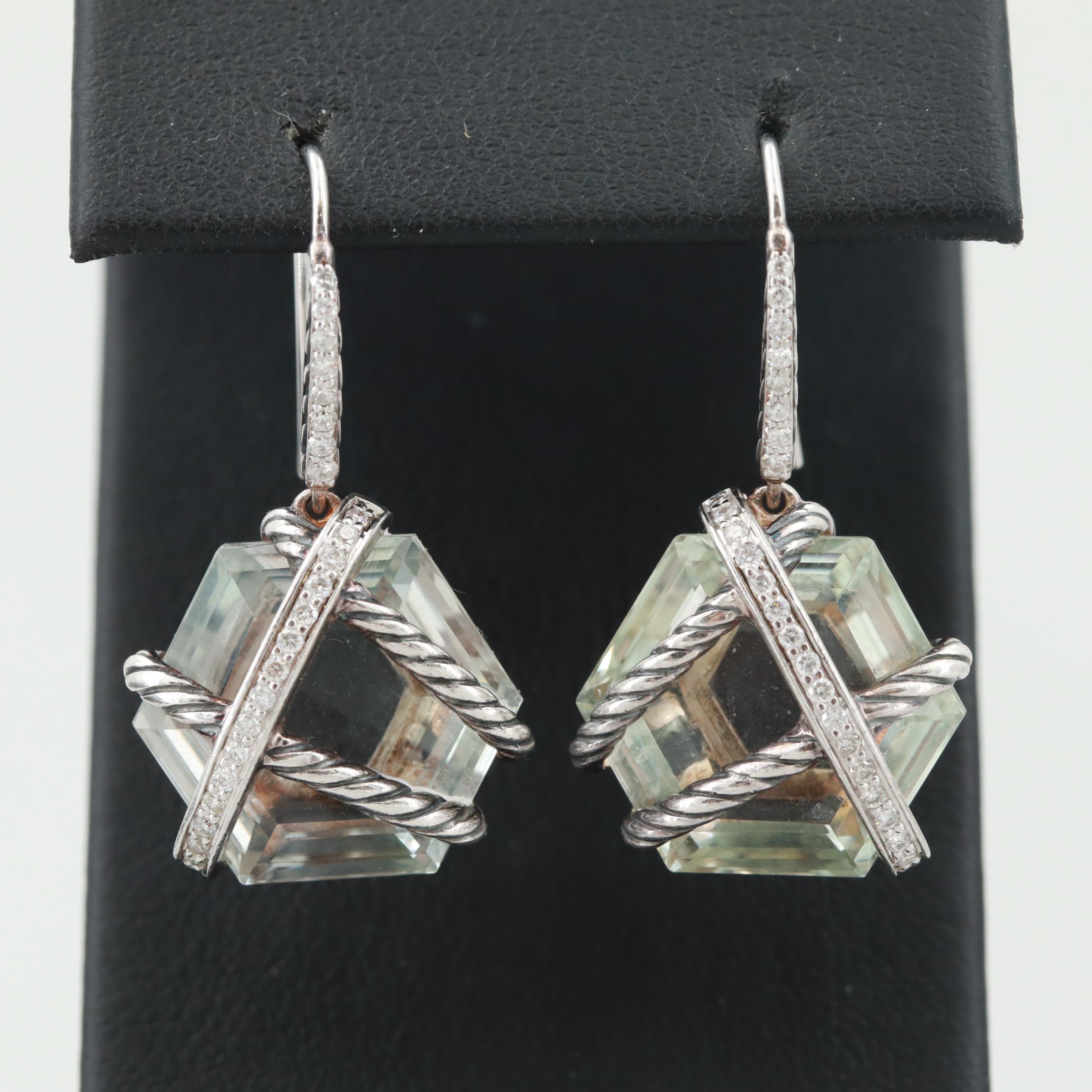 David Yurman Sterling Silver Praseolite "Cable Wrap" Dangle Earrings