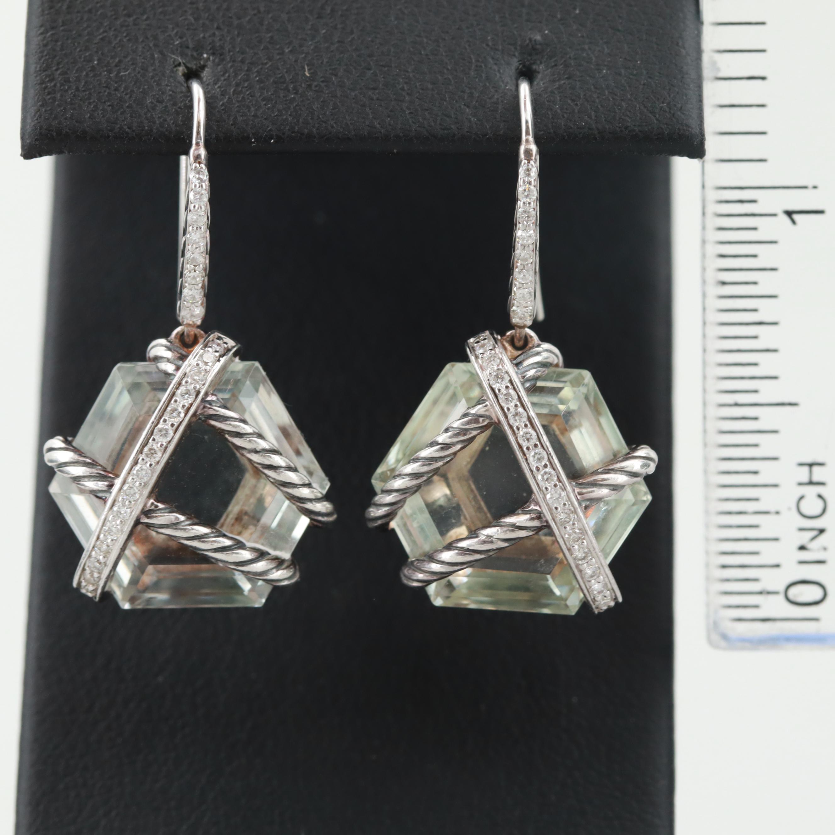 David Yurman Sterling Silver Praseolite "Cable Wrap" Dangle Earrings